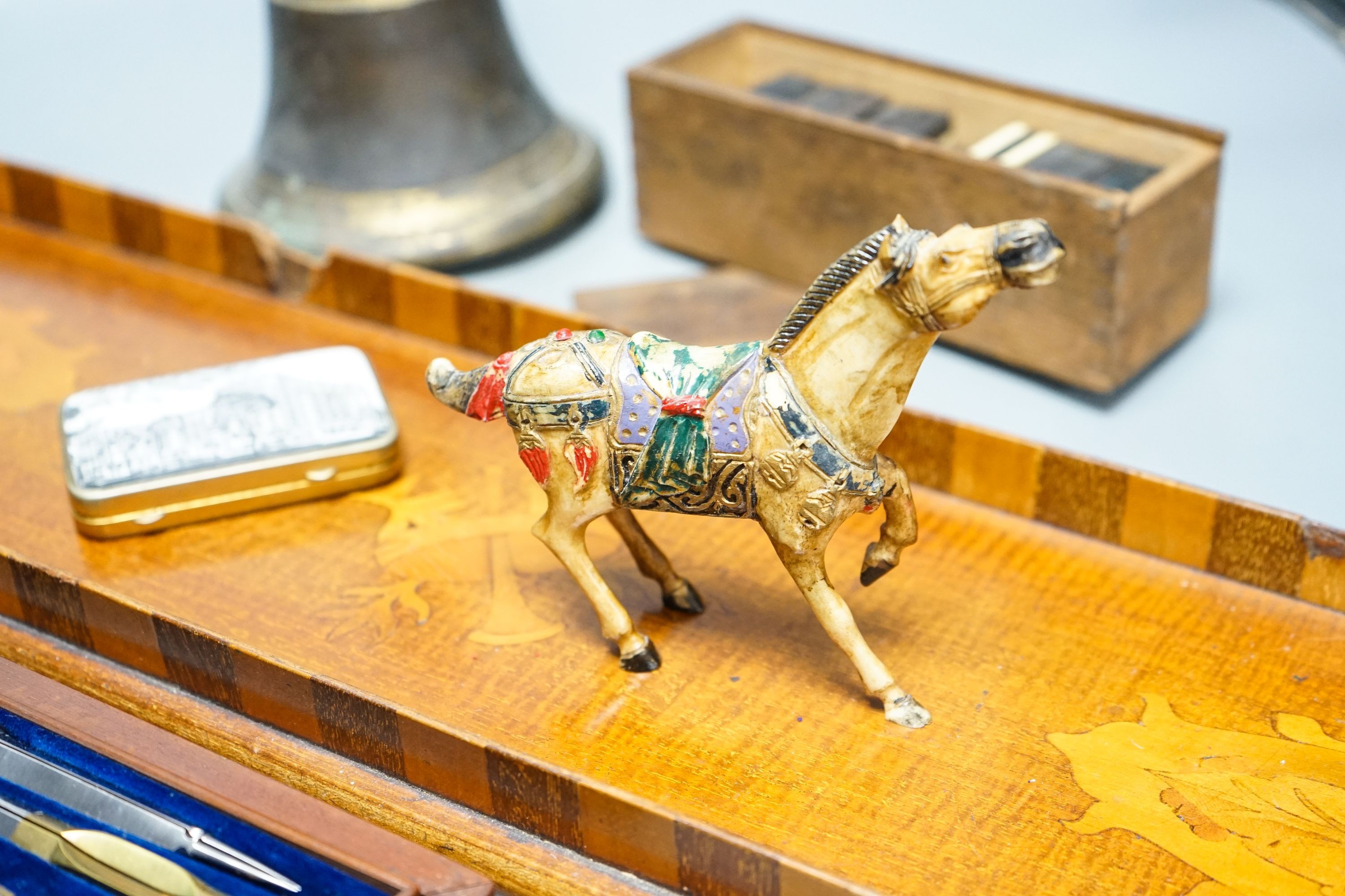 A Victorian bronze school bell, a tray and sundry items